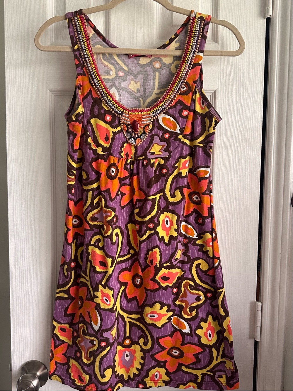 Beaded Scoop-Neck Mini Dress in Purple Floral Print